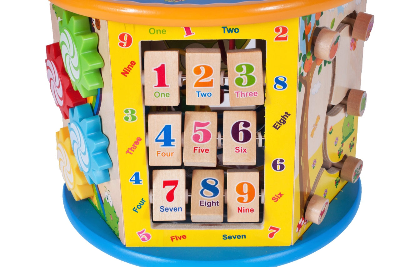 Cub Educativ din Lemn 8 in 1 idealSTORE, Dimensiuni 37 x 25 x 25 cm, Include 6 pereti cu functii si activitati diverse, un joc chinezesc si un intercalar colorat, Sporeste creativitatea, Dezvolta abilitati motorii