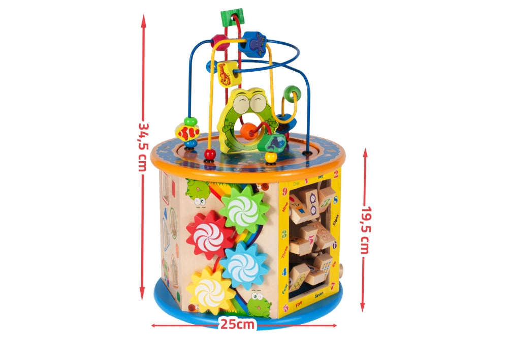 Cub Educativ din Lemn 8 in 1 idealSTORE, Dimensiuni 37 x 25 x 25 cm, Include 6 pereti cu functii si activitati diverse, un joc chinezesc si un intercalar colorat, Sporeste creativitatea, Dezvolta abilitati motorii
