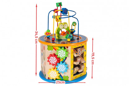 Cub Educativ din Lemn 8 in 1 idealSTORE, Dimensiuni 37 x 25 x 25 cm, Include 6 pereti cu functii si activitati diverse, un joc chinezesc si un intercalar colorat, Sporeste creativitatea, Dezvolta abilitati motorii