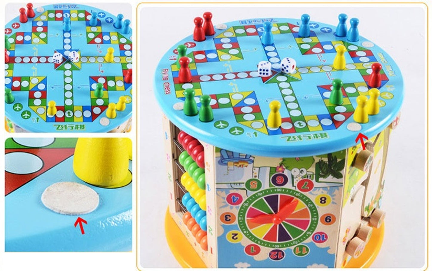 Cub Educativ din Lemn 8 in 1 idealSTORE, Dimensiuni 37 x 25 x 25 cm, Include 6 pereti cu functii si activitati diverse, un joc chinezesc si un intercalar colorat, Sporeste creativitatea, Dezvolta abilitati motorii