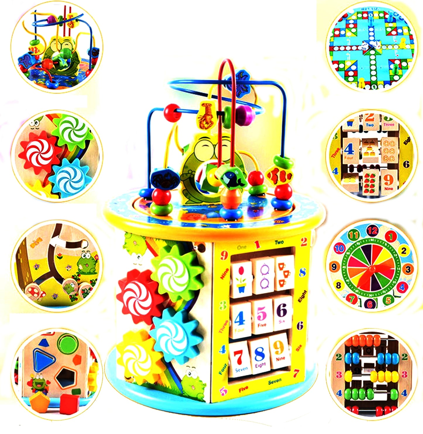 Cub Educativ din Lemn 8 in 1 idealSTORE, Dimensiuni 37 x 25 x 25 cm, Include 6 pereti cu functii si activitati diverse, un joc chinezesc si un intercalar colorat, Sporeste creativitatea, Dezvolta abilitati motorii