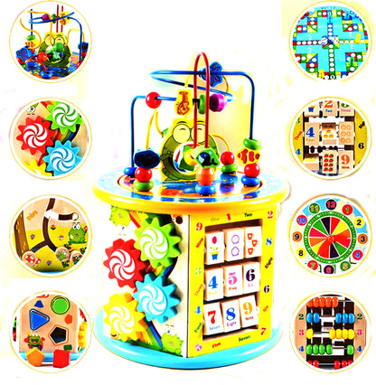 Cub Educativ din Lemn 8 in 1 idealSTORE, Dimensiuni 37 x 25 x 25 cm, Include 6 pereti cu functii si activitati diverse, un joc chinezesc si un intercalar colorat, Sporeste creativitatea, Dezvolta abilitati motorii