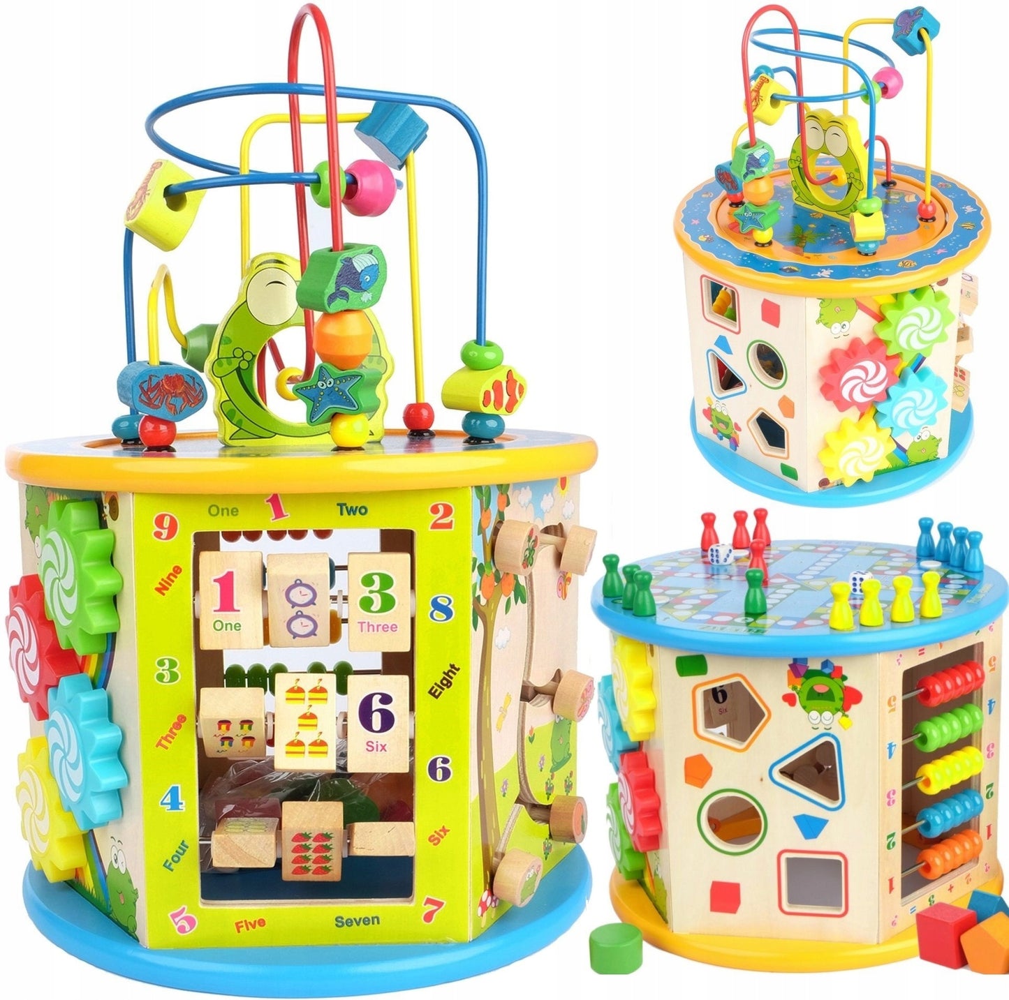 Cub Educativ din Lemn 8 in 1 idealSTORE, Dimensiuni 37 x 25 x 25 cm, Include 6 pereti cu functii si activitati diverse, un joc chinezesc si un intercalar colorat, Sporeste creativitatea, Dezvolta abilitati motorii