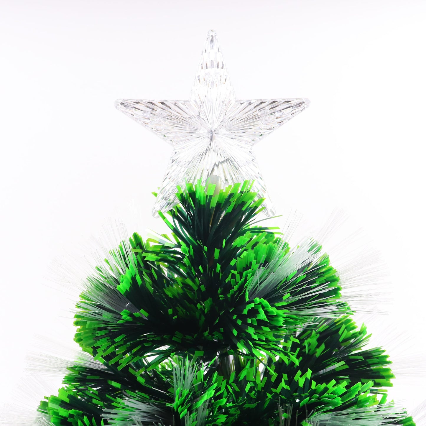 Brad Artificial cu Fibra Optica idealStore, 95 LED-uri RGB, Stea in Varf, Suport Plastic, lumini flash, 90 cm inaltime