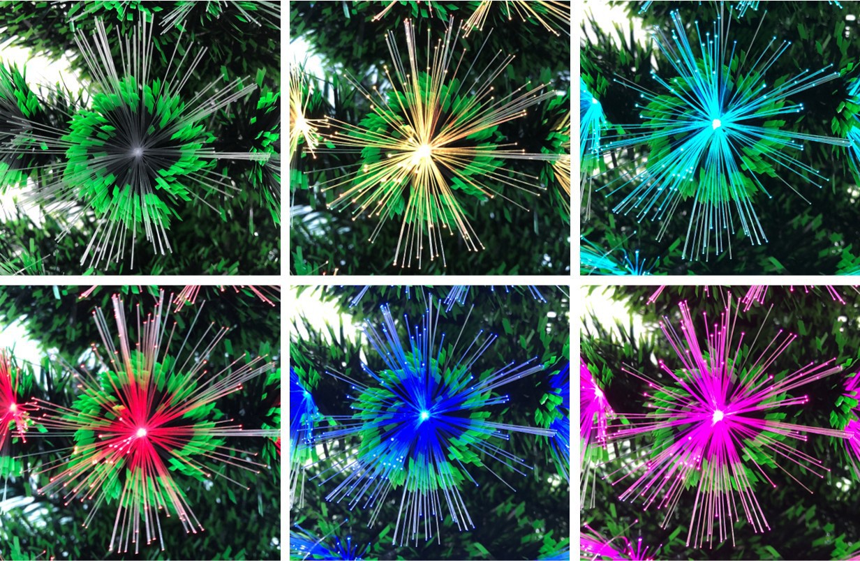 Brad Artificial cu Fibra Optica idealStore, 95 LED-uri RGB, Stea in Varf, Suport Plastic, lumini flash, 90 cm inaltime