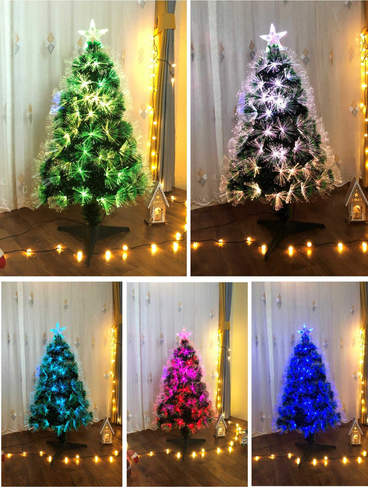 Brad Artificial cu Fibra Optica idealStore, 95 LED-uri RGB, Stea in Varf, Suport Plastic, lumini flash, 90 cm inaltime