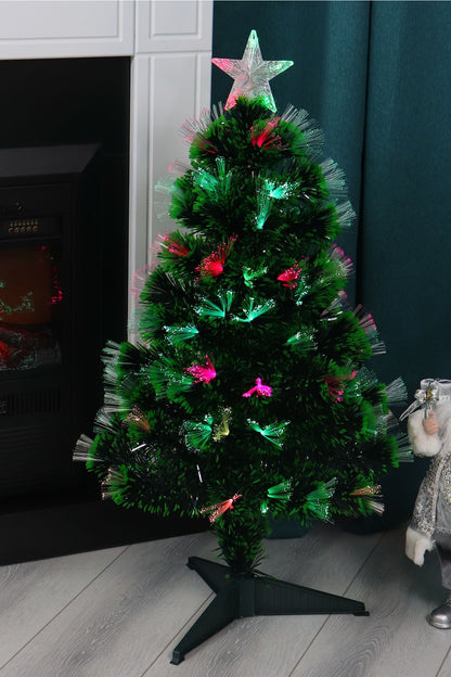 Brad Artificial cu Fibra Optica idealStore, 95 LED-uri RGB, Stea in Varf, Suport Plastic, lumini flash, 90 cm inaltime