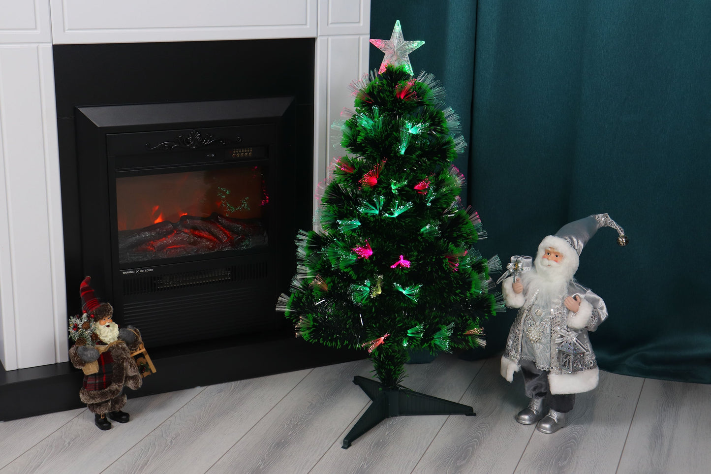 Brad Artificial cu Fibra Optica idealStore, 95 LED-uri RGB, Stea in Varf, Suport Plastic, lumini flash, 90 cm inaltime