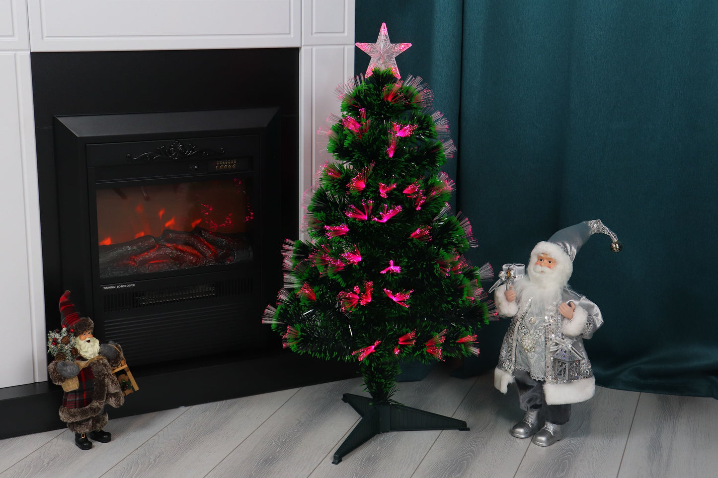 Brad Artificial cu Fibra Optica idealStore, 95 LED-uri RGB, Stea in Varf, Suport Plastic, lumini flash, 90 cm inaltime