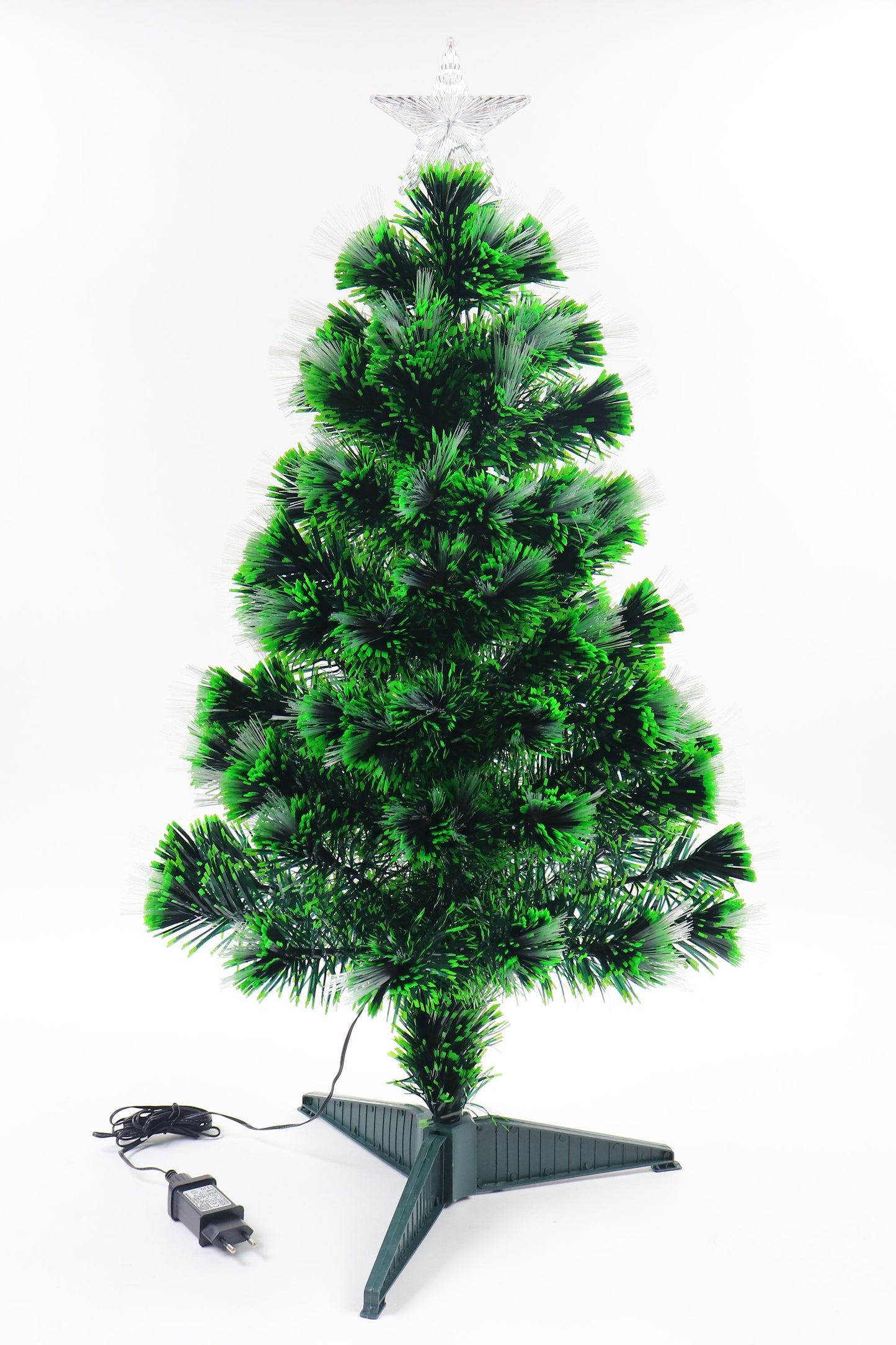 Brad Artificial cu Fibra Optica idealStore, 95 LED-uri RGB, Stea in Varf, Suport Plastic, lumini flash, 90 cm inaltime