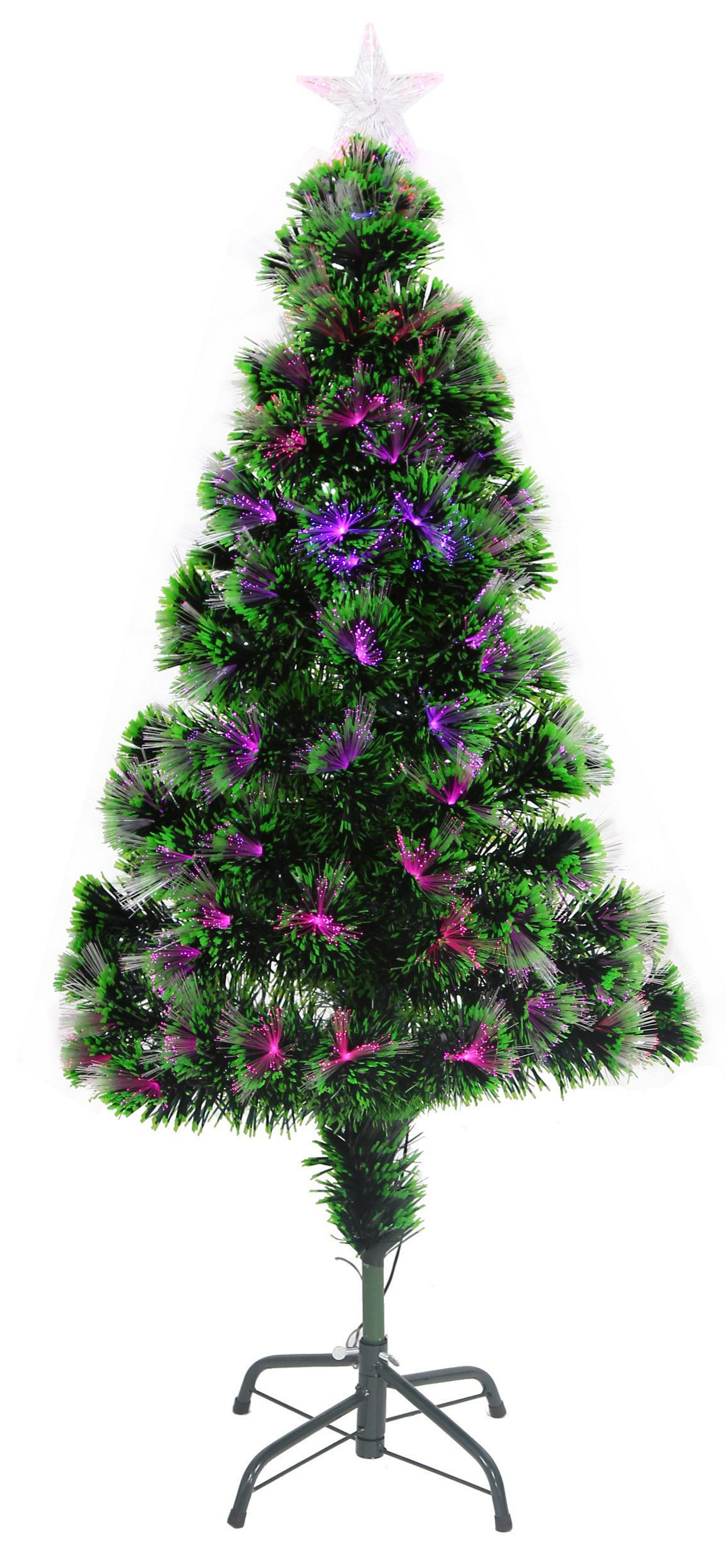 Brad Artificial cu Fibra Optica idealStore, 125 LED-uri RGB, Stea in Varf, Suport Plastic, lumini flash, 120 cm inaltime