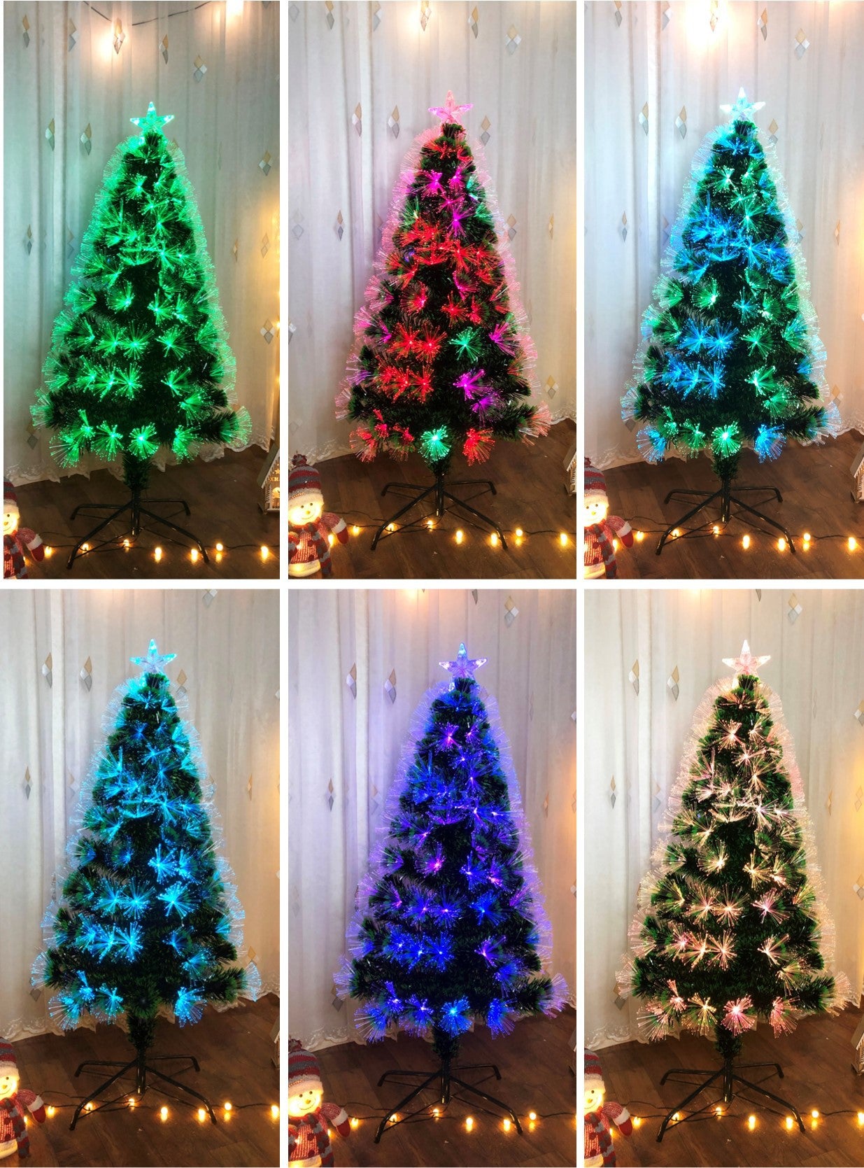 Brad Artificial cu Fibra Optica idealStore, 125 LED-uri RGB, Stea in Varf, Suport Plastic, lumini flash, 120 cm inaltime