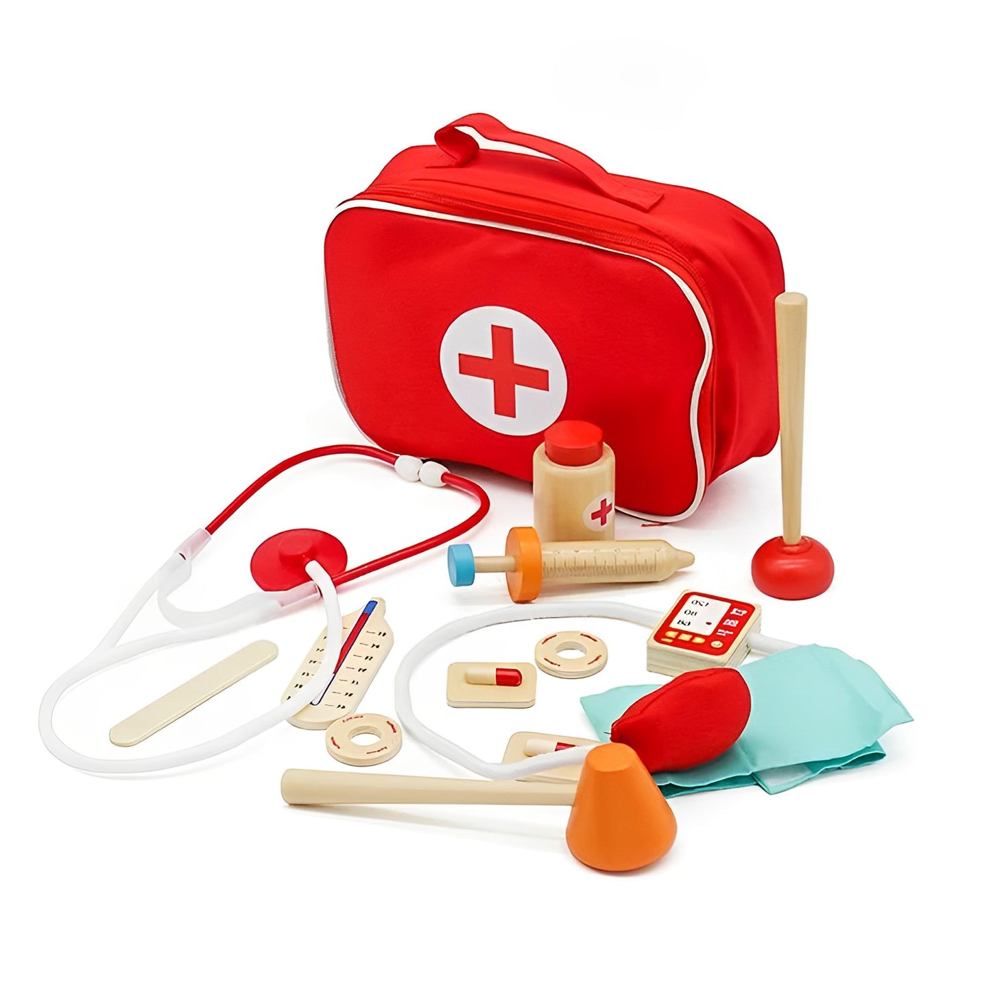 Trusa medicala pentru Copii din Lemn Premium idealSTORE, Include accesorii medicale si Geanta de Depozitare, Pastile, Termometru, Seringa, Stetoscop, Joc creativ, Ajuta la dezvoltarea imaginatiei copilului