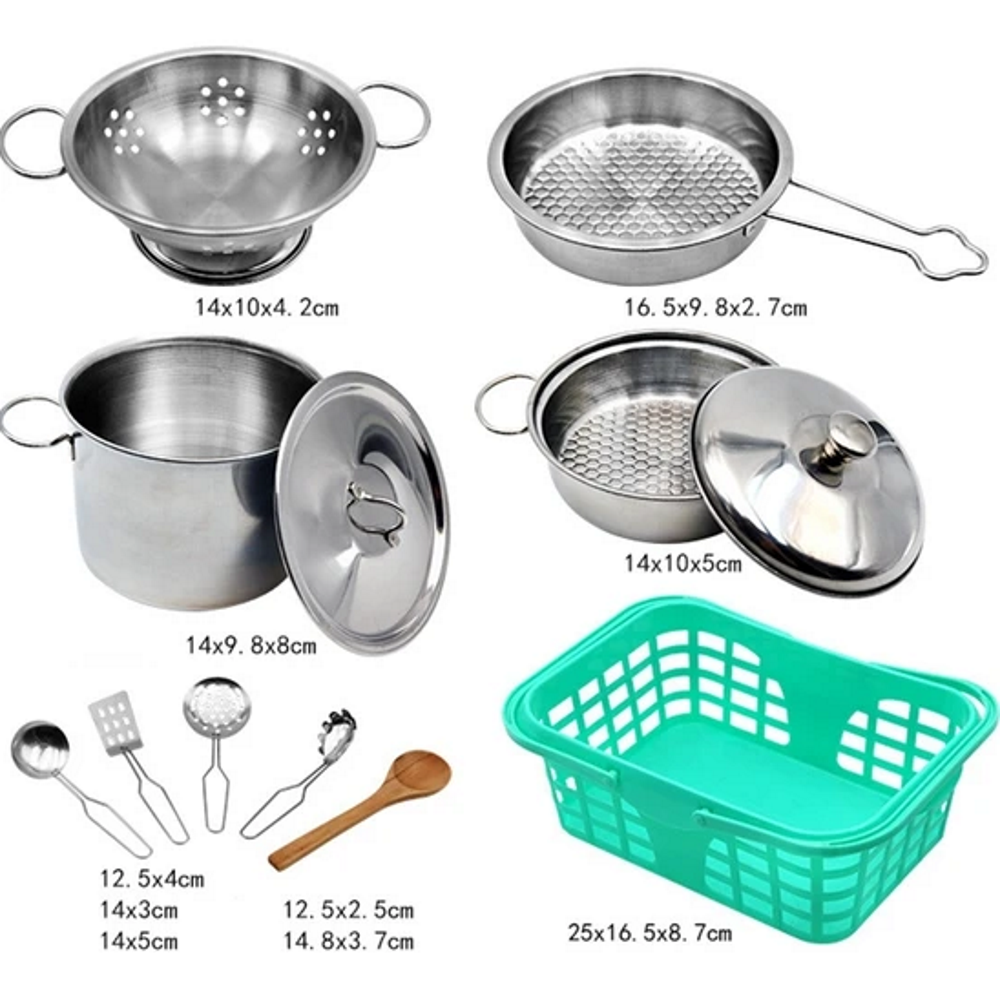 Set de Gatit Little Cook idealSTORE, Include o multime de accesorii specifice, Cos cu Fructe, Palarie, Sort, Spatula, Oale, Lingura de Lemn, Material Otel, Disgn Clasic, Ajuta la Dezvoltarea Intelectuala a Copilului