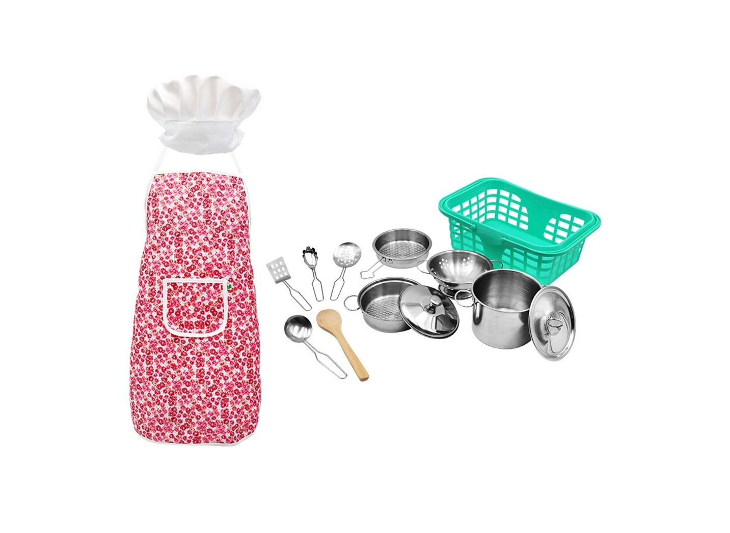 Set de Gatit Little Cook idealSTORE, Include o multime de accesorii specifice, Cos cu Fructe, Palarie, Sort, Spatula, Oale, Lingura de Lemn, Material Otel, Disgn Clasic, Ajuta la Dezvoltarea Intelectuala a Copilului