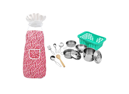 Set de Gatit Little Cook idealSTORE, Include o multime de accesorii specifice, Cos cu Fructe, Palarie, Sort, Spatula, Oale, Lingura de Lemn, Material Otel, Disgn Clasic, Ajuta la Dezvoltarea Intelectuala a Copilului