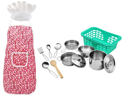 Set de Gatit Little Cook idealSTORE, Include o multime de accesorii specifice, Cos cu Fructe, Palarie, Sort, Spatula, Oale, Lingura de Lemn, Material Otel, Disgn Clasic, Ajuta la Dezvoltarea Intelectuala a Copilului