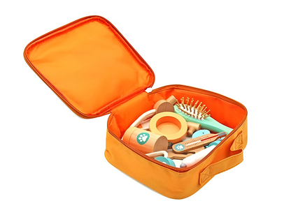 Trusa medicala Micul Veterinar din Lemn Premium idealSTORE, Include 11 accesorii medicale si Geanta de Depozitare, Recompense pentru catei, Termometru, Seringa, Stetoscop, Joc creativ, Ajuta la dezvoltarea imaginatiei copilului