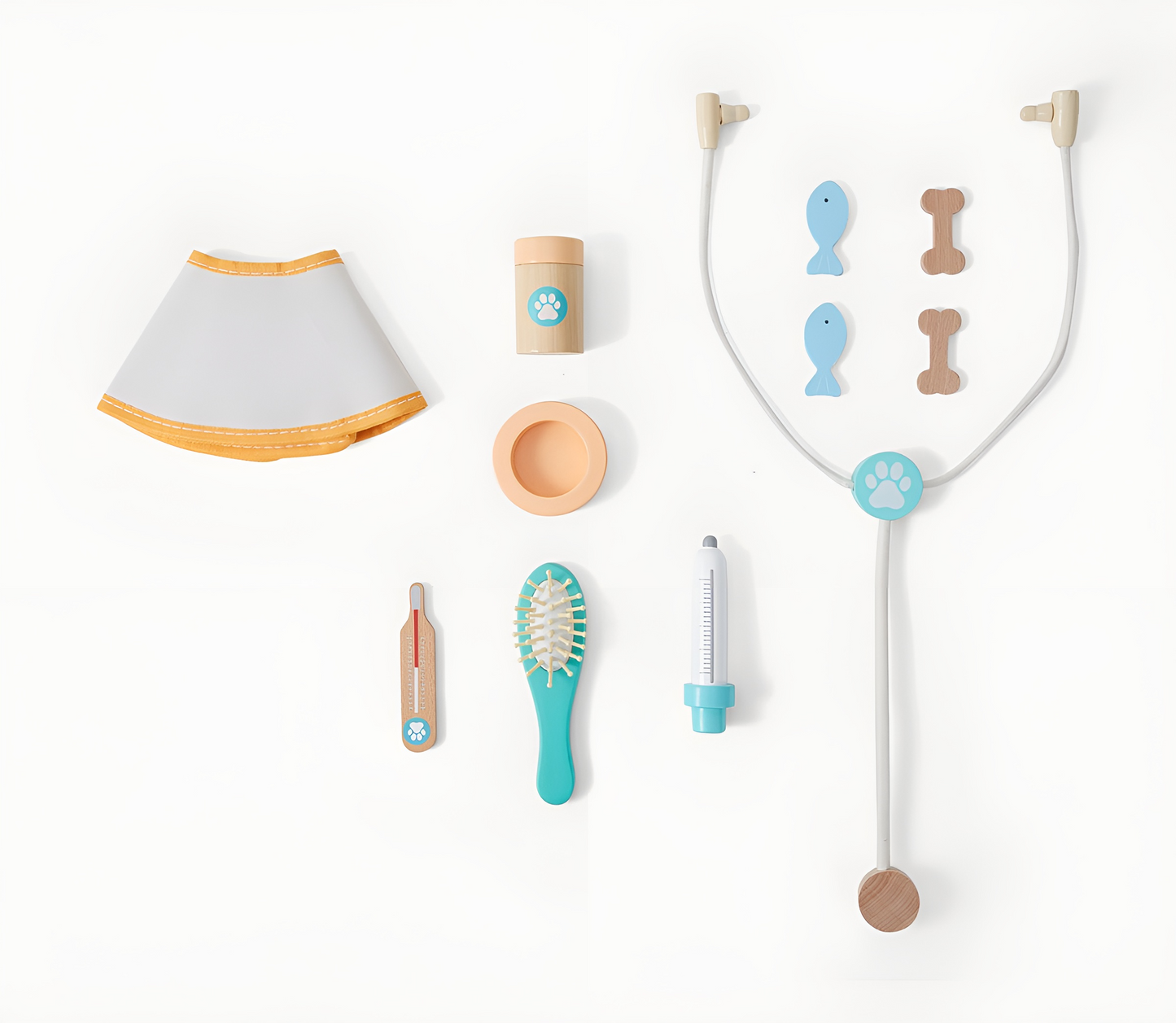 Trusa medicala Micul Veterinar din Lemn Premium idealSTORE, Include 11 accesorii medicale si Geanta de Depozitare, Recompense pentru catei, Termometru, Seringa, Stetoscop, Joc creativ, Ajuta la dezvoltarea imaginatiei copilului