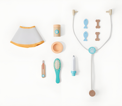 Trusa medicala Micul Veterinar din Lemn Premium idealSTORE, Include 11 accesorii medicale si Geanta de Depozitare, Recompense pentru catei, Termometru, Seringa, Stetoscop, Joc creativ, Ajuta la dezvoltarea imaginatiei copilului