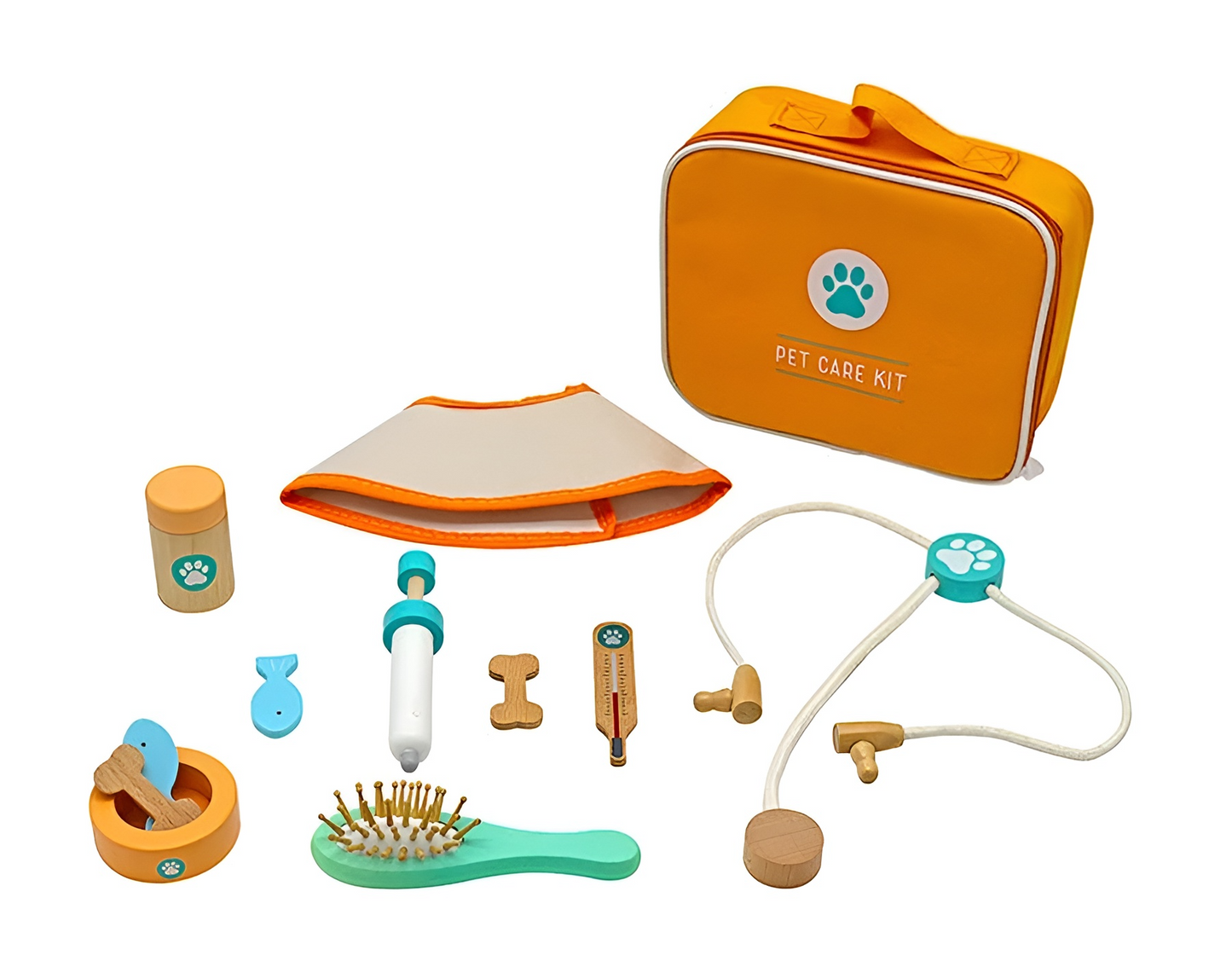 Trusa medicala Micul Veterinar din Lemn Premium idealSTORE, Include 11 accesorii medicale si Geanta de Depozitare, Recompense pentru catei, Termometru, Seringa, Stetoscop, Joc creativ, Ajuta la dezvoltarea imaginatiei copilului