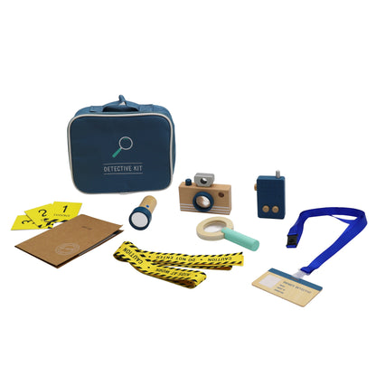 Trusa Micul Detectiv din Lemn ideal STORE, Formata din 10 piese si Geanta de depozitare din material Textil, Contine Lupa, Legitimatie, Statie Walkie Talkie, Dosar pentru documente, Albastru