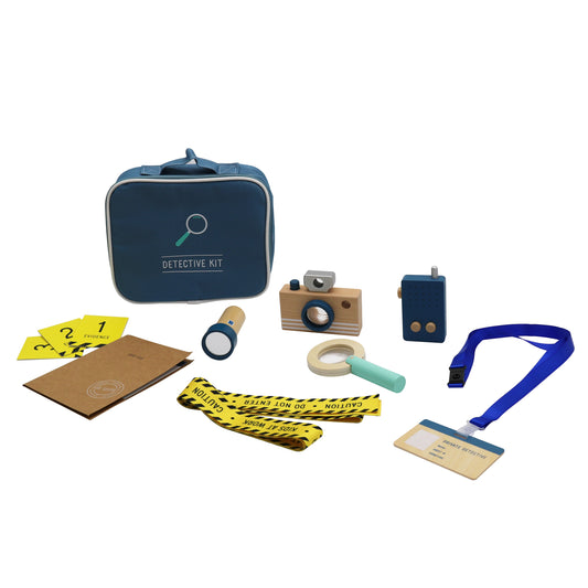 Trusa Micul Detectiv din Lemn ideal STORE, Formata din 10 piese si Geanta de depozitare din material Textil, Contine Lupa, Legitimatie, Statie Walkie Talkie, Dosar pentru documente, Albastru