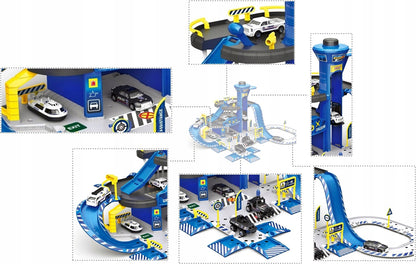 Set de joaca stil complex IDL Police Parking, Include 74 de Piese cu accesorii simbolice: Elicopter, Maisnute, Hovercraft metalic, Lift, Semene de circulatie, Semafoare, Bariere si Autocolante, Garanteaza ore intregi de distractie si amuzament
