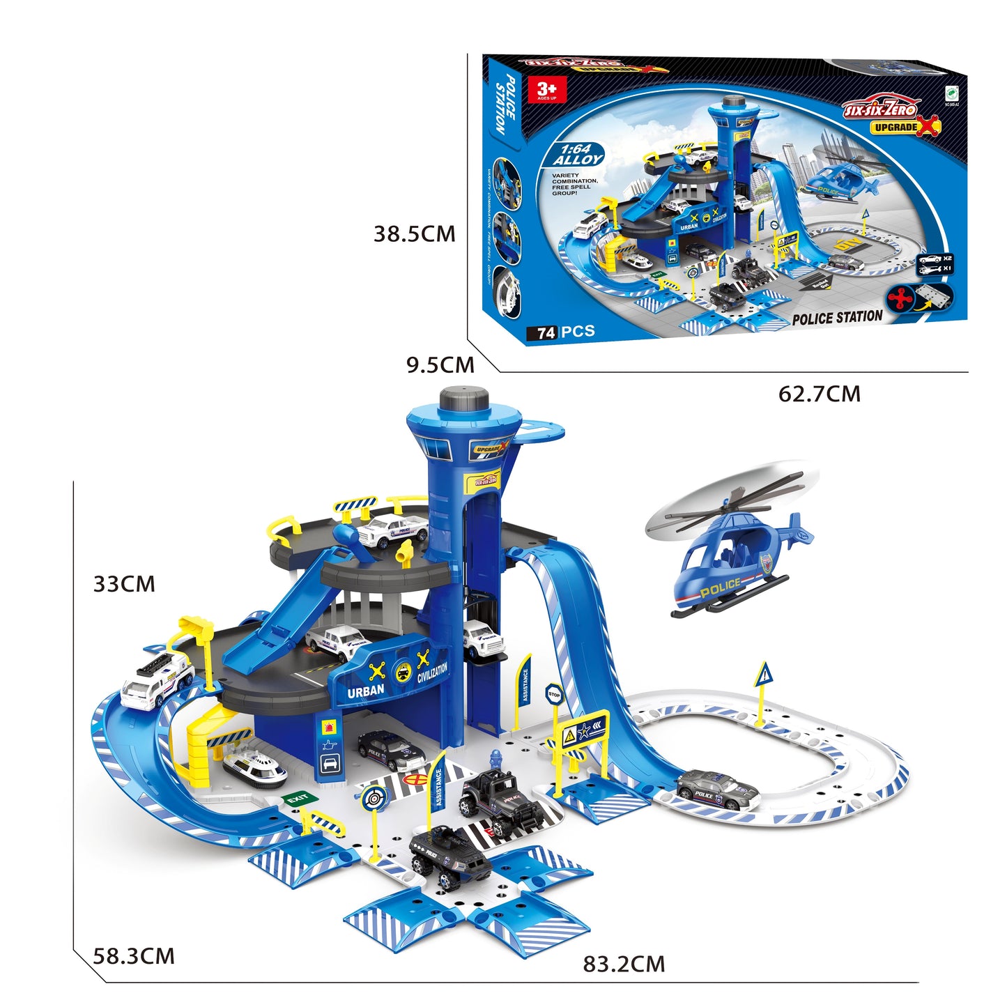 Set de joaca stil complex IDL Police Parking, Include 74 de Piese cu accesorii simbolice: Elicopter, Maisnute, Hovercraft metalic, Lift, Semene de circulatie, Semafoare, Bariere si Autocolante, Garanteaza ore intregi de distractie si amuzament