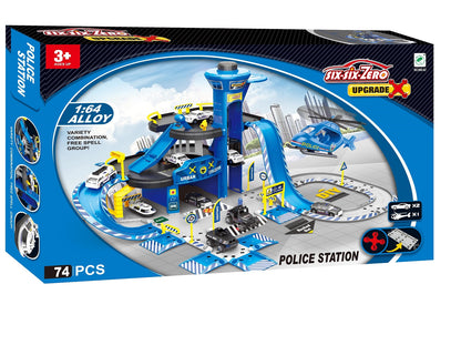 Set de joaca stil complex IDL Police Parking, Include 74 de Piese cu accesorii simbolice: Elicopter, Maisnute, Hovercraft metalic, Lift, Semene de circulatie, Semafoare, Bariere si Autocolante, Garanteaza ore intregi de distractie si amuzament