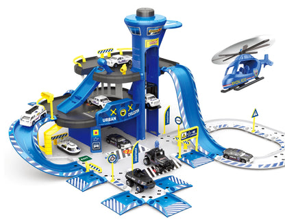 Set de joaca stil complex IDL Police Parking, Include 74 de Piese cu accesorii simbolice: Elicopter, Maisnute, Hovercraft metalic, Lift, Semene de circulatie, Semafoare, Bariere si Autocolante, Garanteaza ore intregi de distractie si amuzament