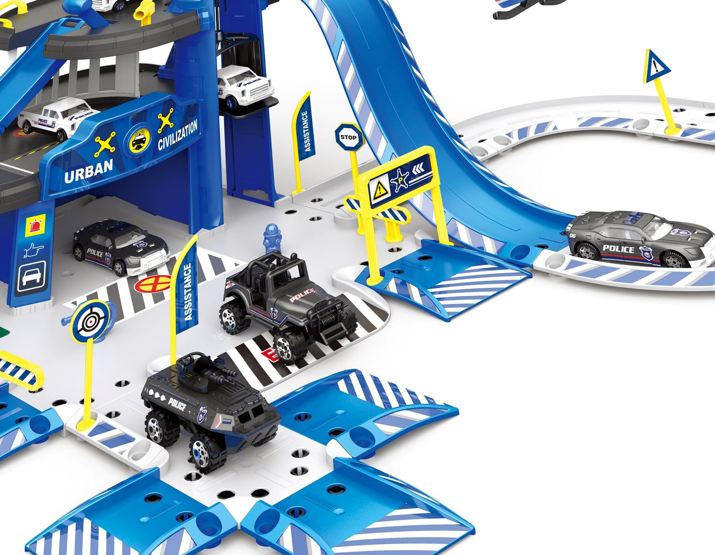 Set de joaca stil complex IDL Police Parking, Include 74 de Piese cu accesorii simbolice: Elicopter, Maisnute, Hovercraft metalic, Lift, Semene de circulatie, Semafoare, Bariere si Autocolante, Garanteaza ore intregi de distractie si amuzament