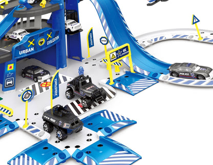 Set de joaca stil complex IDL Police Parking, Include 74 de Piese cu accesorii simbolice: Elicopter, Maisnute, Hovercraft metalic, Lift, Semene de circulatie, Semafoare, Bariere si Autocolante, Garanteaza ore intregi de distractie si amuzament