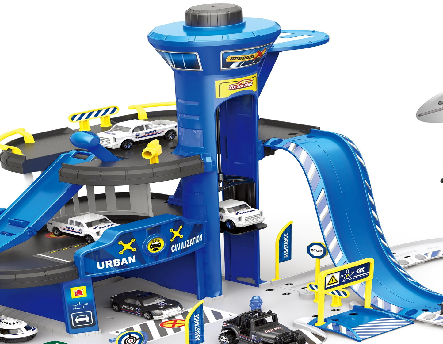 Set de joaca stil complex IDL Police Parking, Include 74 de Piese cu accesorii simbolice: Elicopter, Maisnute, Hovercraft metalic, Lift, Semene de circulatie, Semafoare, Bariere si Autocolante, Garanteaza ore intregi de distractie si amuzament