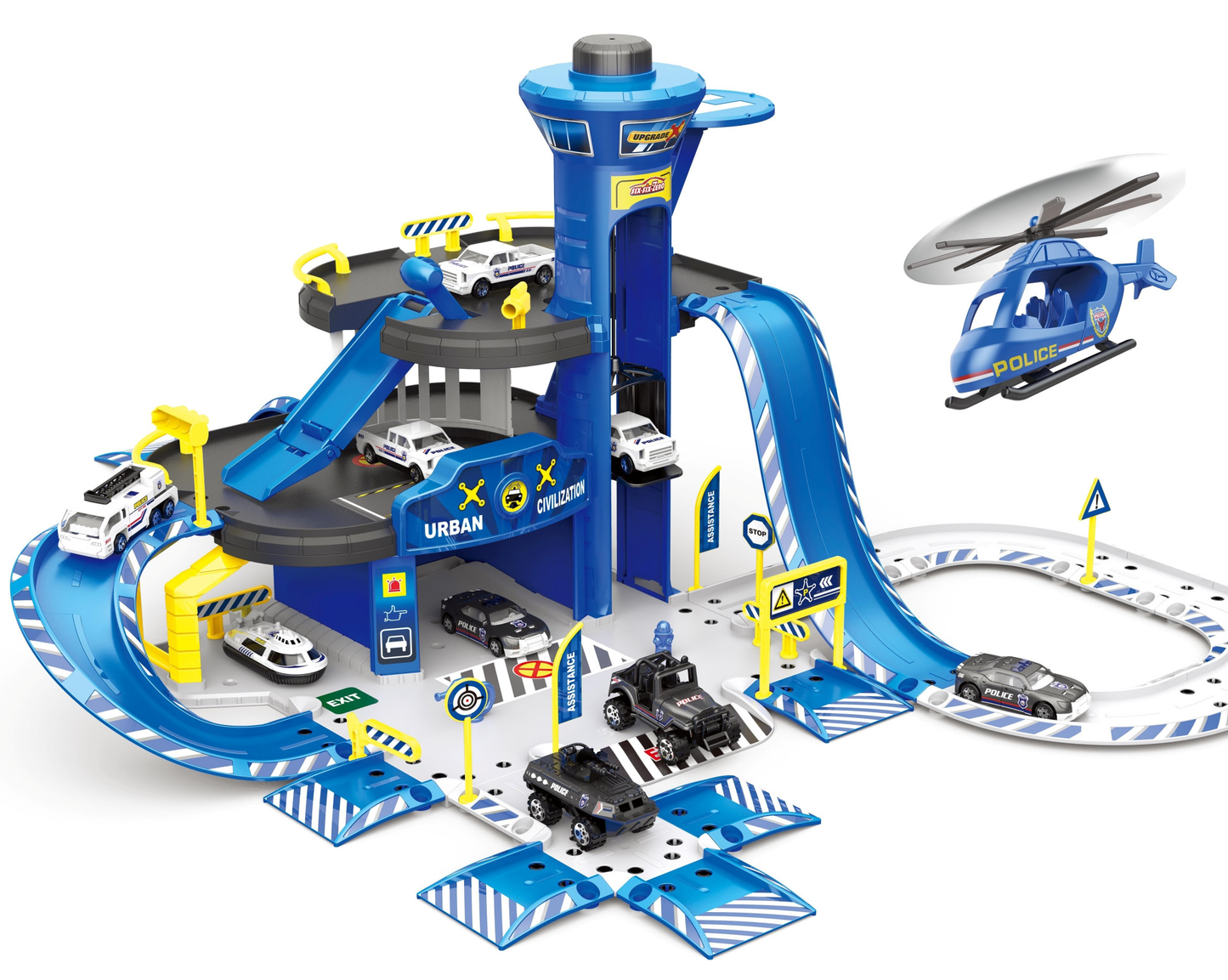 Set de joaca stil complex IDL Police Parking, Include 74 de Piese cu accesorii simbolice: Elicopter, Maisnute, Hovercraft metalic, Lift, Semene de circulatie, Semafoare, Bariere si Autocolante, Garanteaza ore intregi de distractie si amuzament