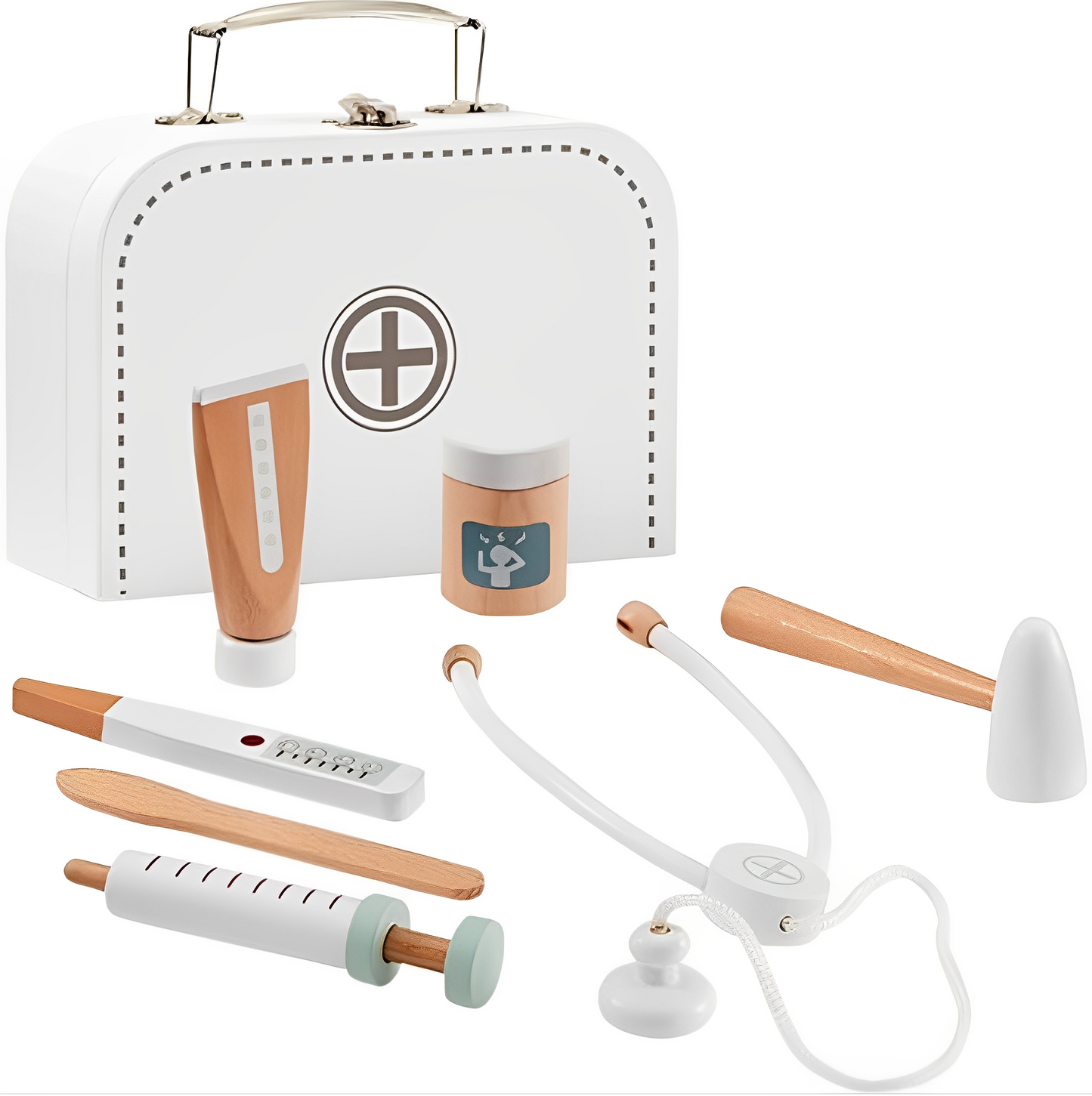 Trusa medicala pentru Copii din Lemn Deluxe idealSTORE, Include accesorii medicale si Geanta de Depozitare, Termometru, Seringa, Stetoscop, Joc creativ, Ajuta la dezvoltarea imaginatiei copilului, White Edition