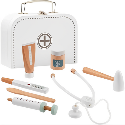 Trusa medicala pentru Copii din Lemn Deluxe idealSTORE, Include accesorii medicale si Geanta de Depozitare, Termometru, Seringa, Stetoscop, Joc creativ, Ajuta la dezvoltarea imaginatiei copilului, White Edition