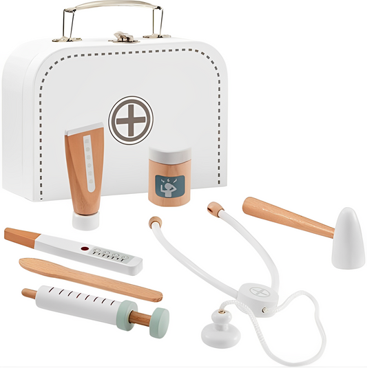 Trusa medicala pentru Copii din Lemn Deluxe idealSTORE, Include accesorii medicale si Geanta de Depozitare, Termometru, Seringa, Stetoscop, Joc creativ, Ajuta la dezvoltarea imaginatiei copilului, White Edition