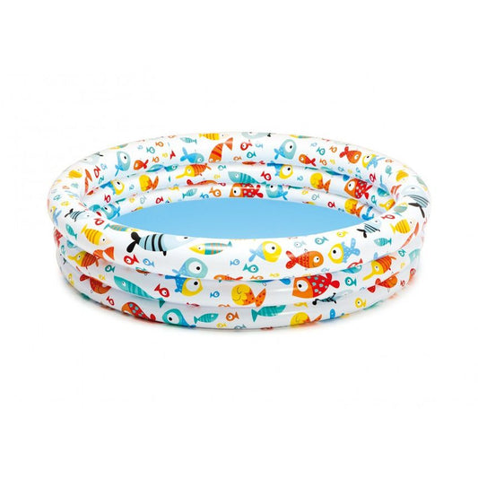 Piscina gonflabila IDL Acvariul Racoros pentru copii cu 2 inele gonflabile, Dimensiune 132 x 28 cm, Capacitate 189 Litrii, Instalare Rapida, Forma Rotunda, Material PVC, Multicolora alaturi de kit reparatie cadou