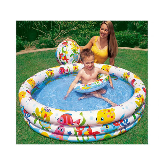 Piscina gonflabila IDL Acvariul Racoros pentru copii cu 2 inele gonflabile, Dimensiune 132 x 28 cm, Capacitate 189 Litrii, Instalare Rapida, Forma Rotunda, Material PVC, Multicolora alaturi de kit reparatie cadou