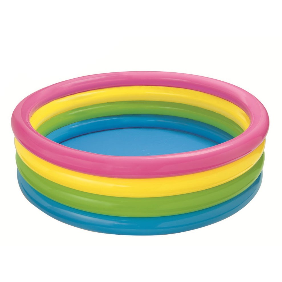 Piscina gonflabila Curcubeul Fericit pentru copii, Usor de montat si cu 4 inele gonflabile, Dimensiune 168 x 46 cm, Instalare Rapida, Forma Rotunda, Material PVC, Multicolora alaturi de kit reparatie cadou