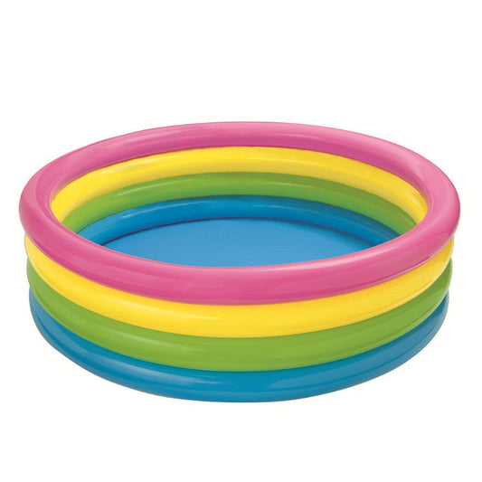 Piscina gonflabila Curcubeul Fericit pentru copii, Usor de montat si cu 4 inele gonflabile, Dimensiune 168 x 46 cm, Instalare Rapida, Forma Rotunda, Material PVC, Multicolora alaturi de kit reparatie cadou