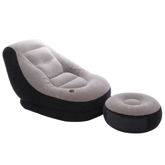 Sezlong gonflabil IDL King Relax, Dimensiune 130 x 99 x 76 cm, Material PVC, Culoare Gri-Negru, Valva 2-1 integrata pentru umflare si dezumflare rapida