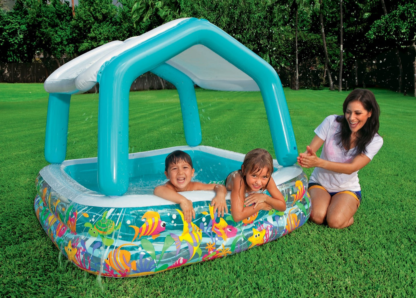 Piscina gonflabila MKT Sun and shade, pentru copii, 157 x 157 x 122 cm, 280 l, forma patrata, acoperis detasabil