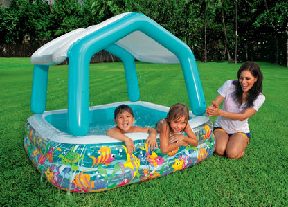Piscina gonflabila MKT Sun and shade, pentru copii, 157 x 157 x 122 cm, 280 l, forma patrata, acoperis detasabil
