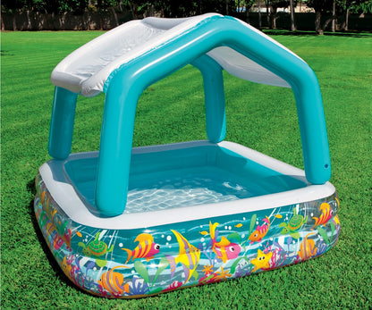 Piscina gonflabila MKT Sun and shade, pentru copii, 157 x 157 x 122 cm, 280 l, forma patrata, acoperis detasabil