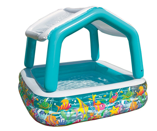 Piscina gonflabila MKT Sun and shade, pentru copii, 157 x 157 x 122 cm, 280 l, forma patrata, acoperis detasabil