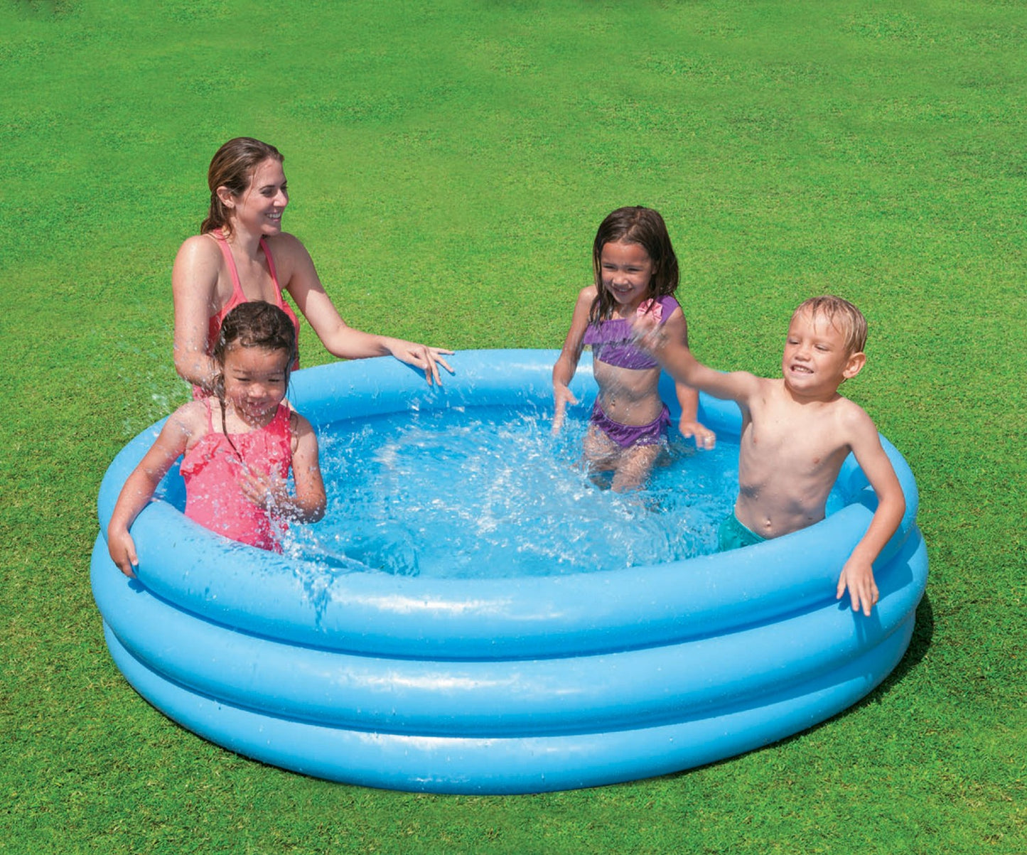 Piscina gonflabila IDL Mica Laguna Albastra pentru copii cu 3 inele gonflabile, Dimensiune 168 x 40 cm, Capacitate 481 Litrii, Instalare Rapida, Forma Rotunda, Material Vinil, Culoare Albastra alaturi de kit reparatie cadou