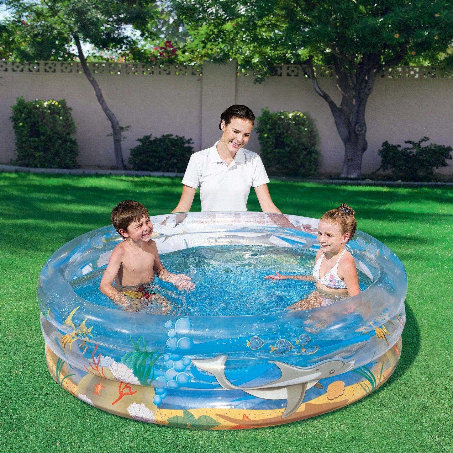 Piscina IDL Micul Ocean pentru copii, Usor de montat si cu 3 inele gonflabile, Dimensiune 150 x 53 cm, Capacitate 558 Litrii, Instalare Rapida, Forma Rotunda, Material PVC, Multicolora alaturi de kit reparatie cadou