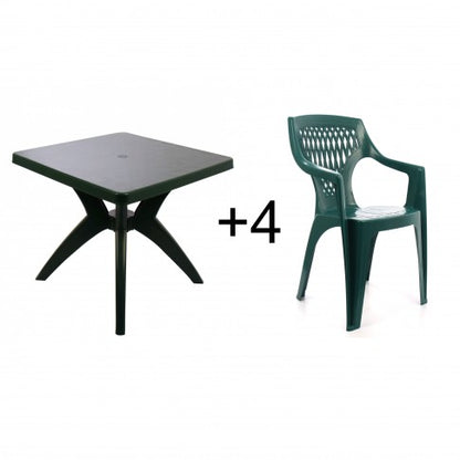 Set masa patrata idealSTORE cu 4 scaune, pentru gradina, Dimensiuni 80 X 80 X 72, Fabricata din plastic, Rezistent la umiditate, Ideala pentru gradina, Culoare Verde
